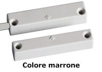 Marchio: COOPER. Articolo: 405-TF-M-BE. Contatto magnetico a giorno uscita NC con magnete vicino connessione a 2 morsetti. GAP 11mm/15mm. Colore marrone. Grado di protezione IP40. Temperatura di funzionamento: -25°C / +70°C. Dimens. 60x13.5x13- Magnete 60x11x14. Cavetto da 30 cm