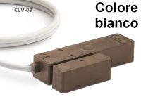 Marchio: TSEC. Articolo: CLV-03-W. Sensore inerziale CLIC serie V a vista con contatto magnetico integrato, resinatura completa, cavetto 2 metri, grigio (G). Disponibile marrone (N) o bianco (W) su ordinazione.