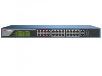 Marchio: HIKVISION. Articolo: DS-3E1326P-E. Switch 24 porte PoE 10/100M, 2 porte Uplink da 1GB, banda 8.8 Gbps, PoE standard IEEE802.3af/at, 240VAC 370W Managed