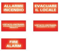 Marchio: VIMO. Articolo: KLAMPSET1. SERIE SCRITTE ROSSE INTERCAMBIABILI: allarme incendio, evacuare il locale, vietato entrare: spegnimento automatico imminente, vietato entrare: spegnimento in corso, fire alarm.