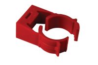 Marchio: ARITECH. Articolo: 9-10954. Fascetta per fissaggio tubo aspirazione a soffitto o pare in ABS di colore rosso.