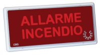 Marchio: COOPER. Articolo: 5955-CSA. Pannello ottico/acustico in termoplastico autoestinguente con LED ad alta efficienza con lampeggio regolabile. Buzzer 100db a 1 metro. Diciture fornite a corredo: ALLARME, ALLARME INCENDIO, ABBANDONARE IL LOCALE. . Alimentazione 12Vcc/200mA o 24Vcc/100mA. Grado di protezione IP65. Dimensioni 365x170x50mm. In fase di certificazione CPD UNI EN54-3:2001 