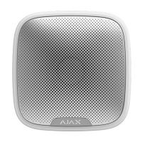 Marchio: AJAX. Articolo: STREETSIREN. Sirena da esterno senza fili. Potenza sonora regolabile tra 85 e 113 dB, colore bianco.PRESTAZIONIAllarme sonoro e luminoso con livello sonoro personalizzabile fra 85 e 113 dB. In spazi aperti mantiene la comunicazione con il Hub Ajax fino alla distanza di 2.000 metriCARATTERISTICHE TECNICHEColore: BiancoTipo di dispositivo: senza filiUtilizzo: in interno/in esternoTipo di allarme: luminoso e sonoroVolume allarme sonoro: regolabile 85-113 dB alla distanza di 1 metroFrequenza di funzionamento del cicalino piezo: 3.5±0.5 kHzAllarme luminoso: LED rossoIndicazione stato di inserimento/disinserimento/inserito: SiAlimentazione: dalla batteria integrata / o da alimentazione esterna 12Vc.c.Tipo di batteria: 4 x batteria CR123A, 3VIndicatore di btteria: SiDurata della batteria: fino a 5 anniAlimentazione esterna: 12Vc.c. ±20%Corrente a riposo: 70µA (quando viene interrogata ogni 35 secondi)Corrente in allarme max.: 1.45 A (volume max.)Consumo di corrente max.: dalle batterie 4.35 W, da sorgente esterna 12Vc.c. 13.5 WProtezione antimanomissione: disponibileProtezione antistacco: accelerometroPotenza segnale radio: 25mWProtocollo di comunicazione Jeweller 868MHzDistanza max. fra sirena e Hub: fino a 2.000 metri (in area libera)Monitoraggio radio: Sincronizzazione con l’unità centrale ogni 12 – 300 secondi (personalizzabile)Tempo di attivazione allarme: meno di 1 secondoDurata allarme personalizzabile: da 3 secondi a 3 minutiGrado di protezione: IP54Temperatura di funzionamento: da -20°С a +50°СUmidità di funzionamento: fino a 95%Dimensioni: mm 200 x 200 x 51Peso: g 502
